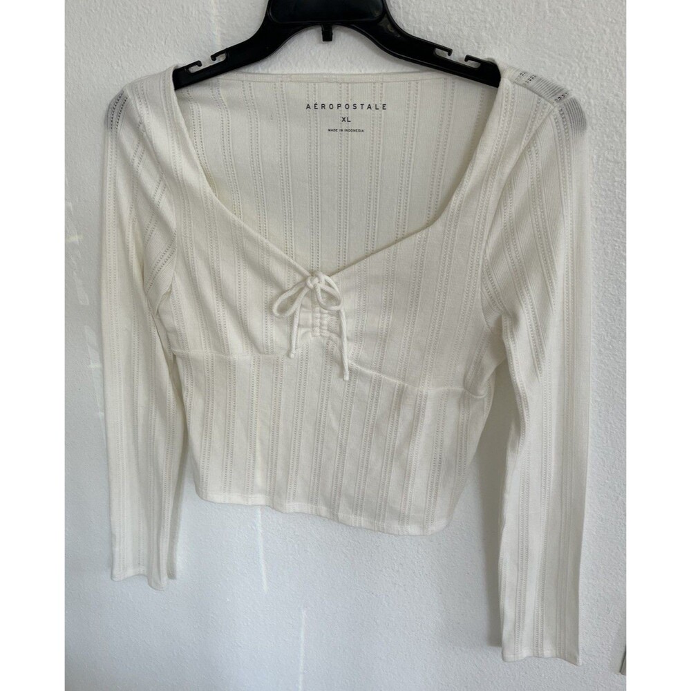 Aeropostale Pointelle Tie Front Cropped Womens Top XL Jr Ivory White Coquette